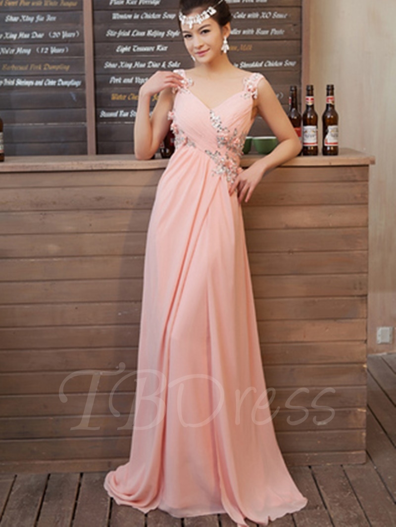 Sleeveless V-neck Ruched Beaded A-line Long Prom Dress, Evening Dress, Bridesmaid Dress Featuring Cowl Back