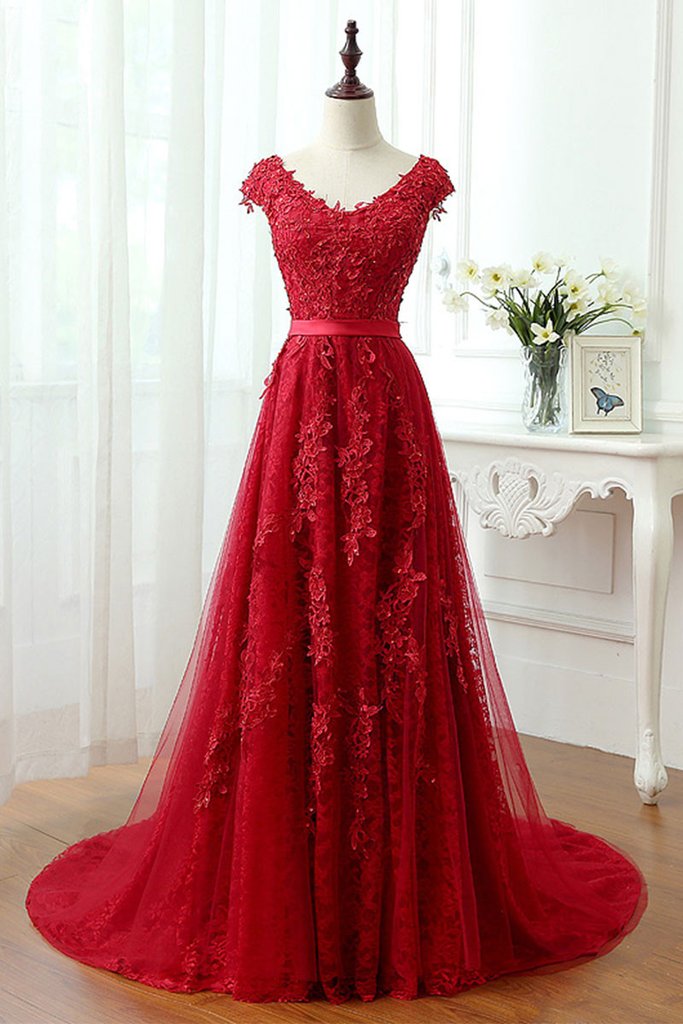P66 Charming Red Tulle Applique Lace Prom Dress,long Cap Sleeve Evening Dresses,red Lace Prom Dresses,a Line Long Lace Red Prom Dress,cap Sleeve