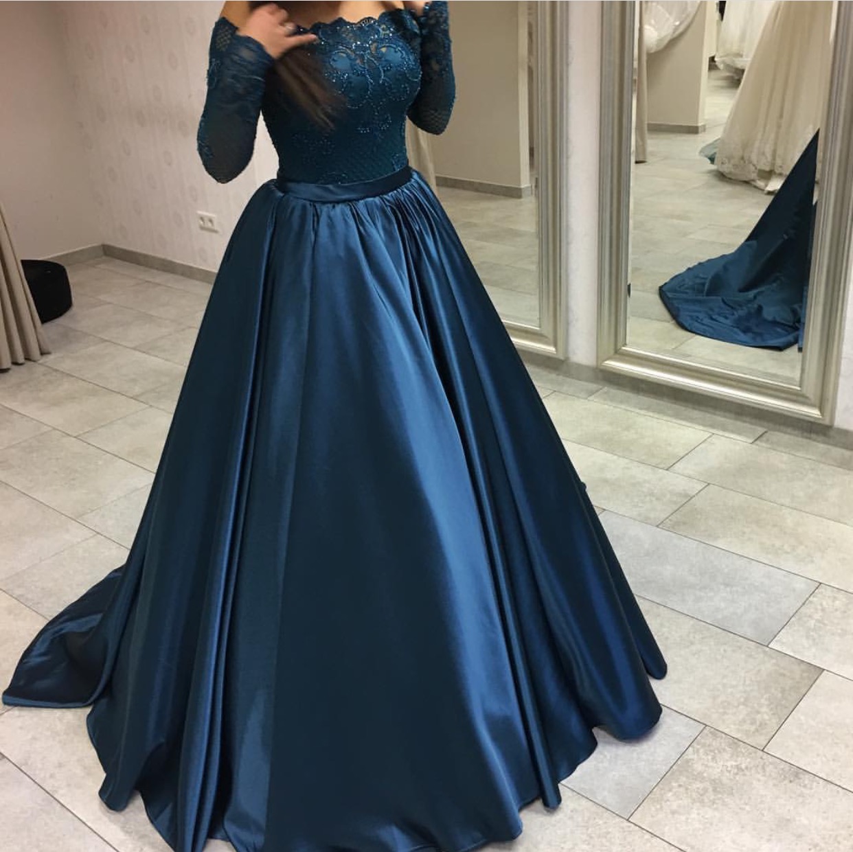 navy blue long sleeve evening gown