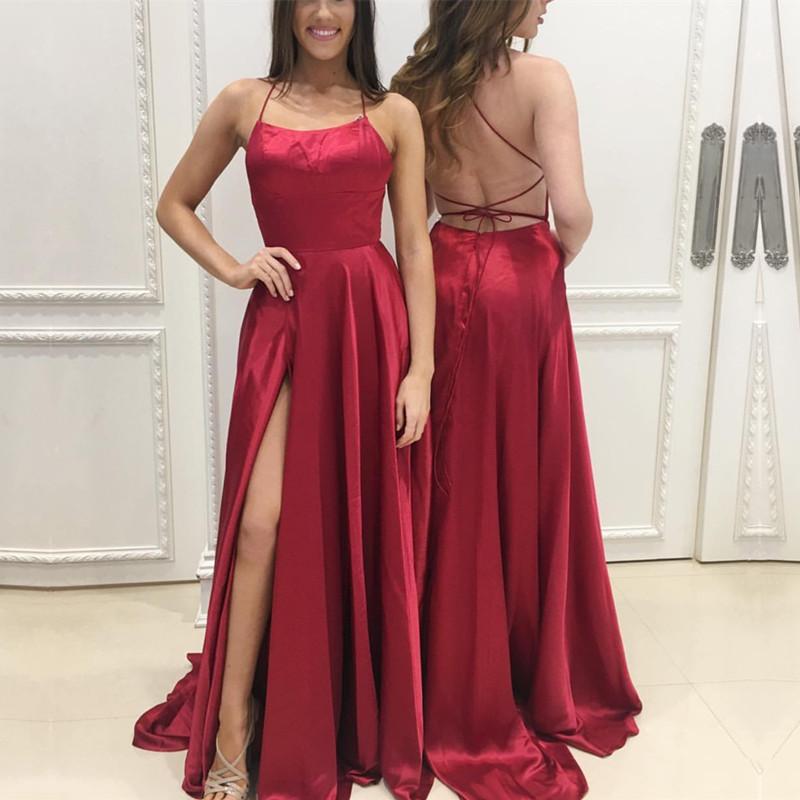 satin open back prom dress