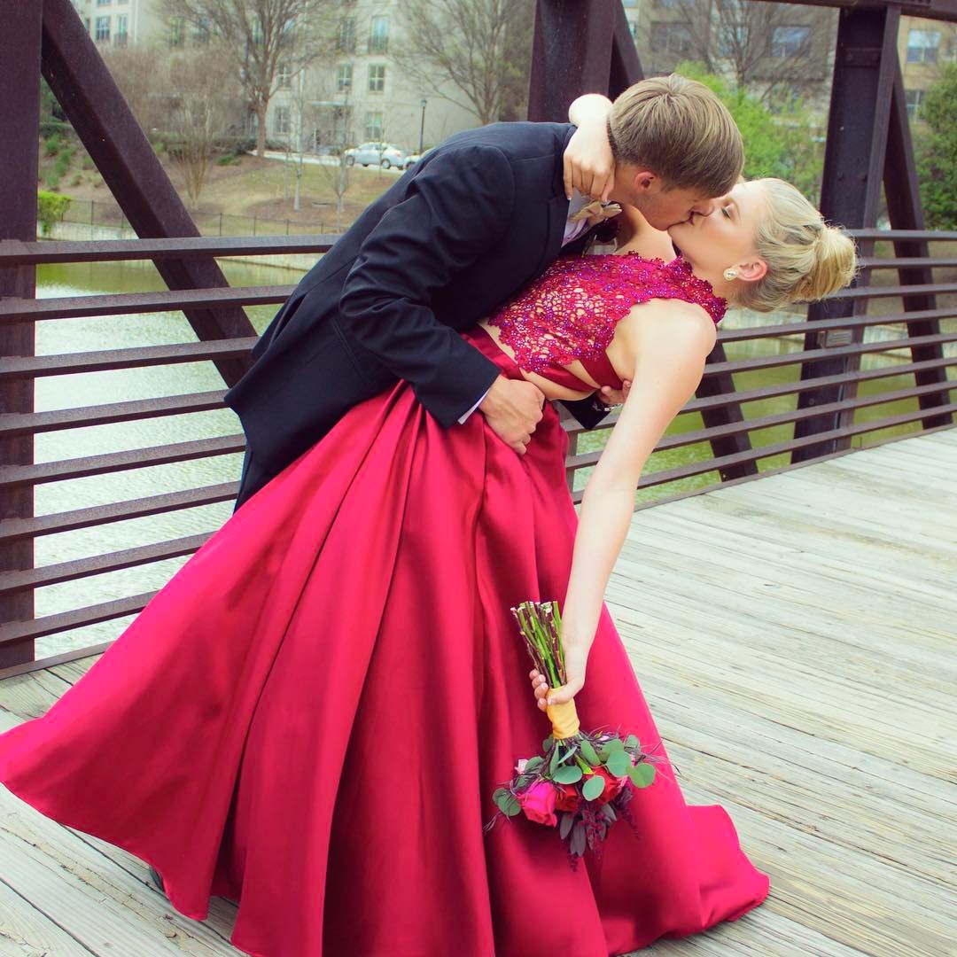 red and black 2 piece prom dress