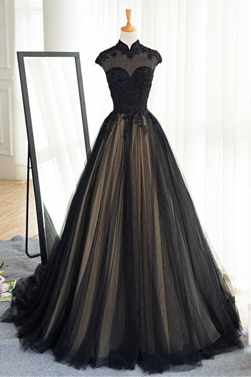 Black Tulle Lace Long Prom Dress, Black Tulle Evening Dress,high Neck Long Black Tulle Prom Dress,a Line Long Tulle Black Lace Evening Dress,high