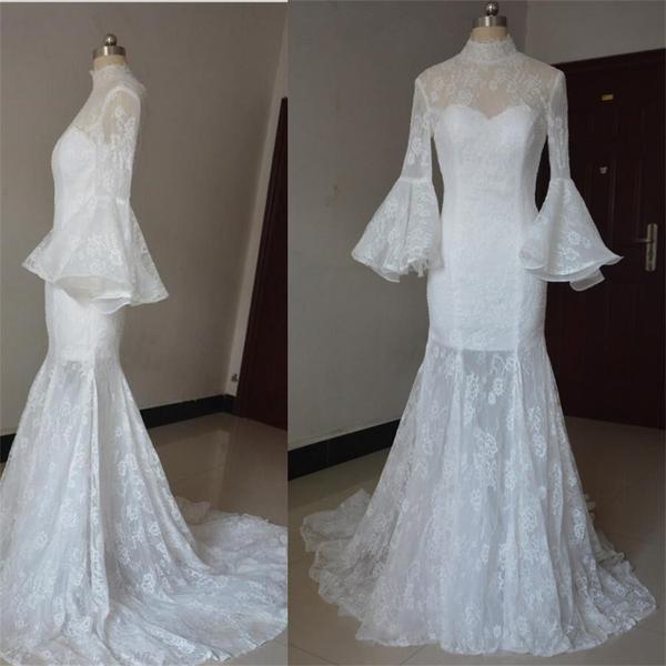 Custom Made White High Neckline Lace Trumpet Sleeve Long Wedding Dress, Prom Dresses, Evening Wear