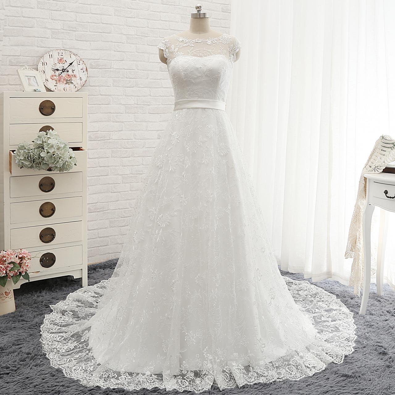 Cap Sleeves Full Lace Wedding Dress,a Line Long Lace Formal Elegant Wedding Dress,long Wedding Dress With Long Train