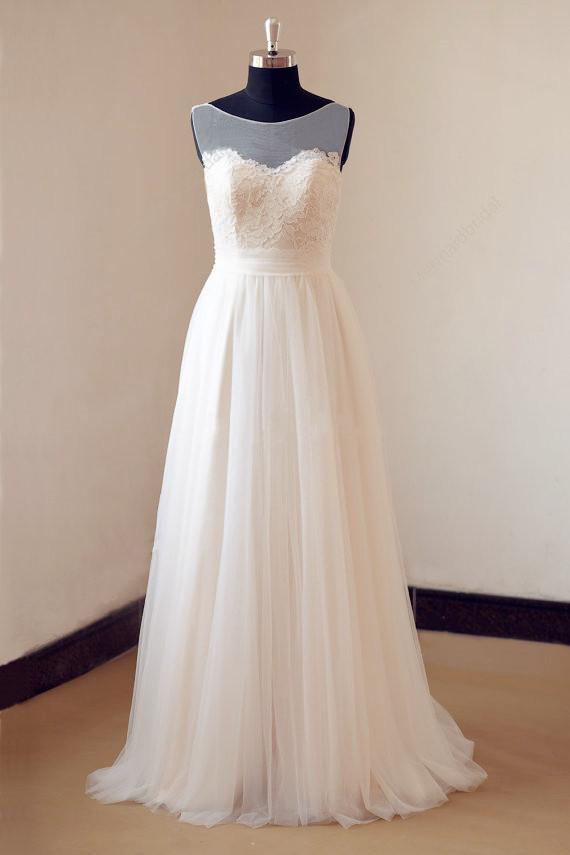 Illusion Neckline Lace Appliques Ivory Tulle Beach Wedding Dress,top Lace Long Chiffon Wedding Dress,a Line Chiffon Bridal Dress