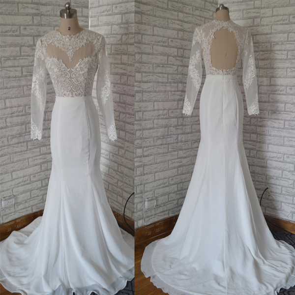 Sheer Lace Appliqués Mermaid Wedding Dress Featuring Long Sleeves And Keyhole Back