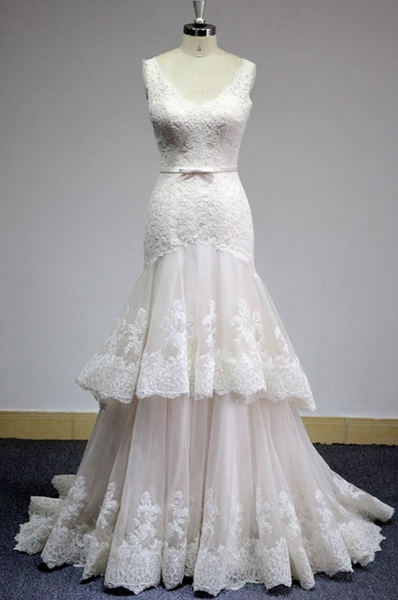 tiered lace mermaid wedding dress