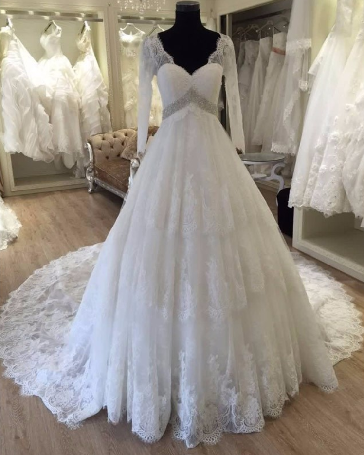 Real Photos Long Sleeve V Neck Wedding Dress Backless,chapel Train Crystal Beading Long Sleeve Wedding Dress,long Sleeve Lace Wedding