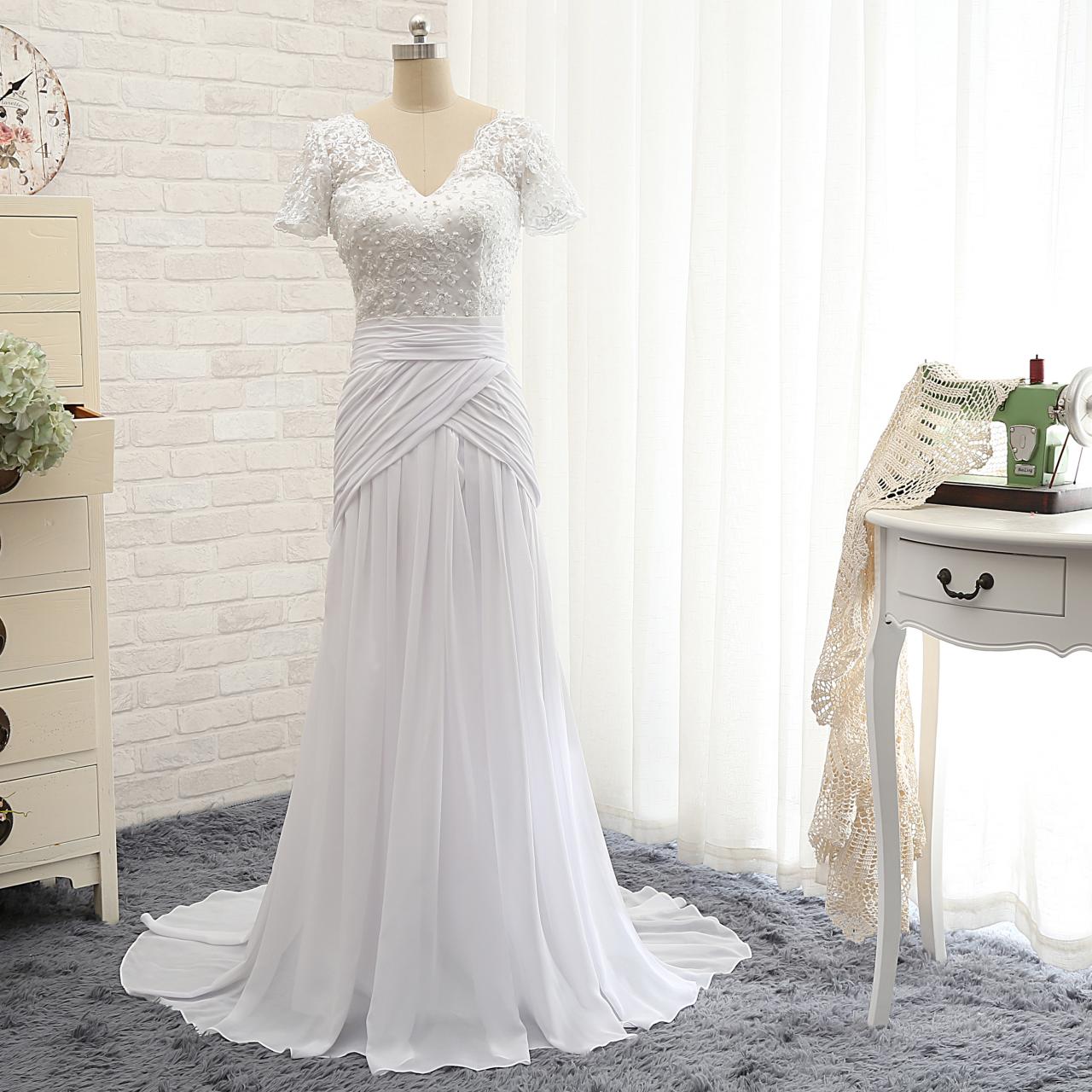 Short Sleeves Mermaid Wedding Dress,white Short Sleeves Lace Mermaid Bridal Dress,sexy Long Chiffon Simple Beach Wedding Dress