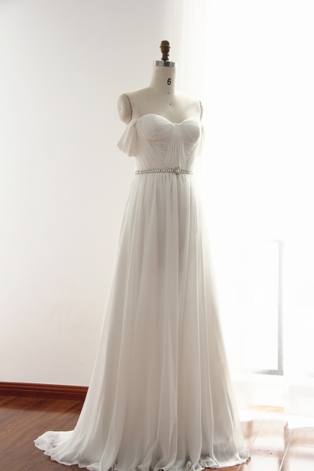 Off-the-shoulder Ruched Beaded Chiffon A-line Wedding Dress, Beach Wedding Dress