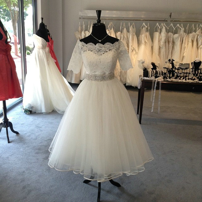 Tea Length Tulle And Lace Wedding Dress,informal Short Bridal Dress,custom Half Sleeves Lace Wedding Gown,off The Shoulder Short Wedding Dress