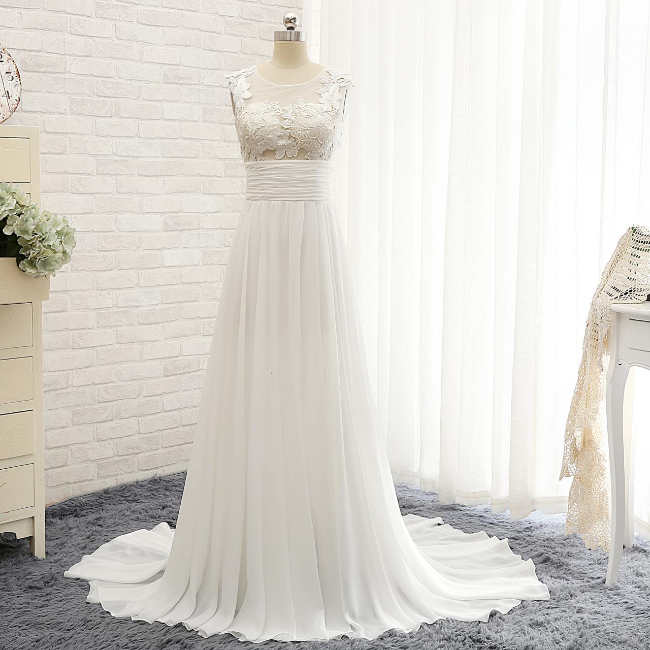 Sleeveless Sheer Lace Appliqués Chiffon A-line Wedding Dress