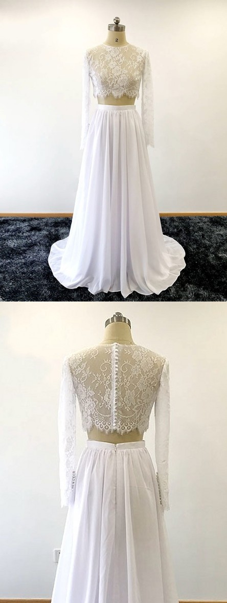 Two Piece Wedding Gown,long Sleeves Lace Wedding Dress,summer Chiffon Bridal Dress,two Piece Long Chiffon Wedding Dress With Long Sleeves,long