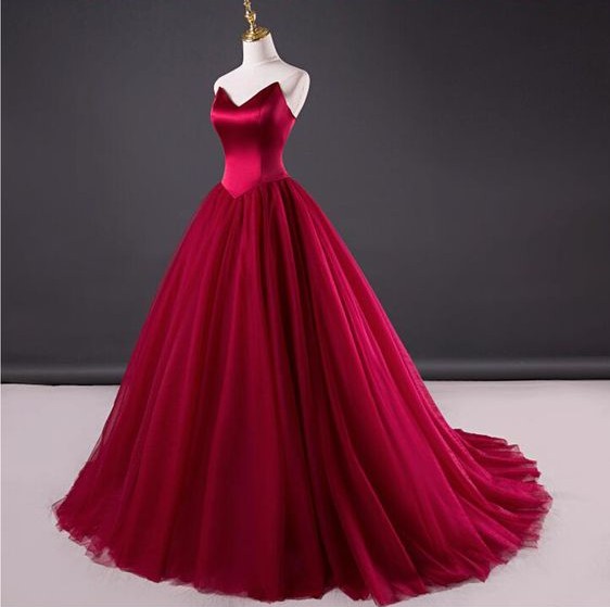 Ball Gown Wine Red Prom Dress,simple Red Wedding Dress,strapless Red Formal Dress,sweetheart Ball Gown Simple Red Wine Long Tulle Prom Dress