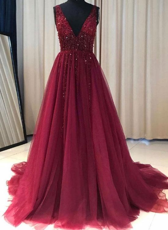 Elegant Red Wine Tulle Beaded V-neckline Prom Dresses,v Neck Long Tulle Party Dresses, Formal Gowns 2018,a Line Top Beading Red Wine Long Tulle