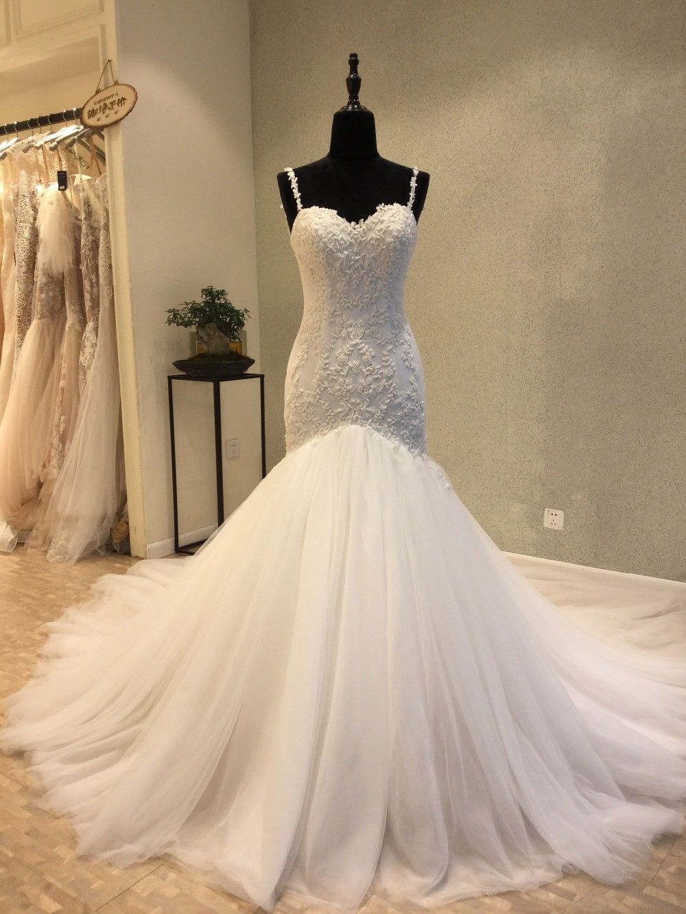 Spaghetti Strap Lace Appliqués Tulle Wedding Dress Featuring Open Back And Long Train