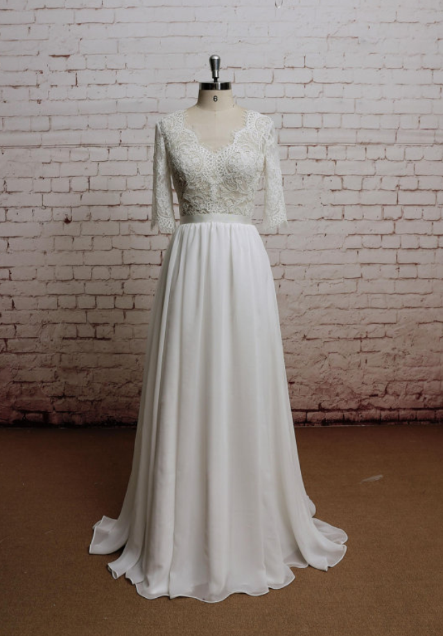 V-neck Lace A-line Chiffon Wedding Dress Featuring Mid-length Sleeves