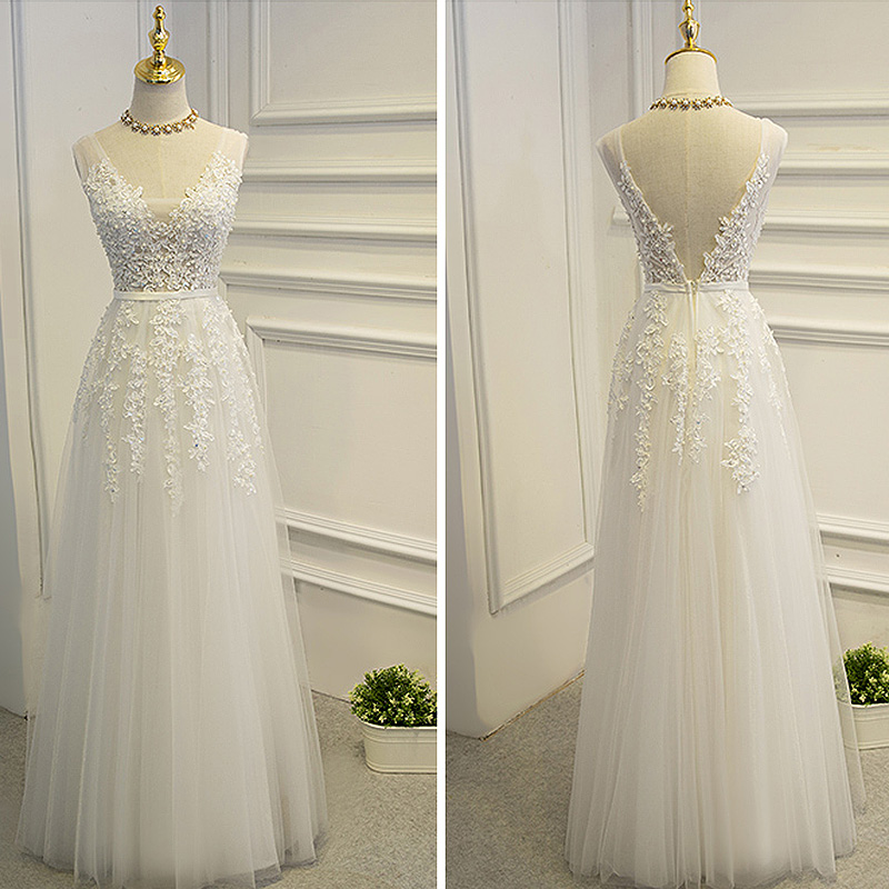 Elegant Wedding Dress,tulle Wedding Dress,lace Appliques Wedding Gown,bridal Dress,deep V Neck Long Tulle Lace Wedding Dress