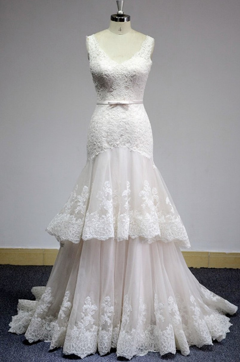 Sleeveless V-neck Lace Appliqués Mermaid Wedding Dress With Tiered Ruffle Skirt And Lace-up Back