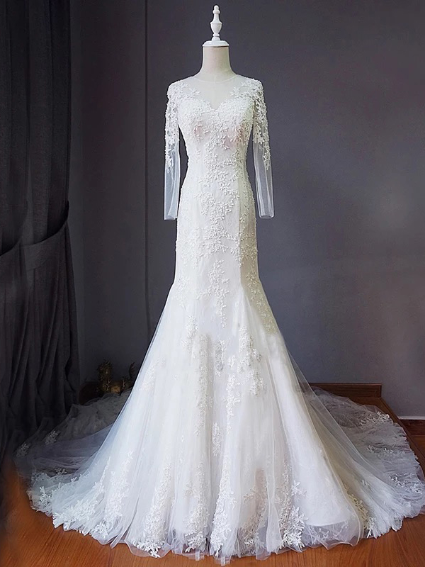 Sheer Floral Lace Appliqués Mermaid Wedding Dress With Long Sleeves And Long Train