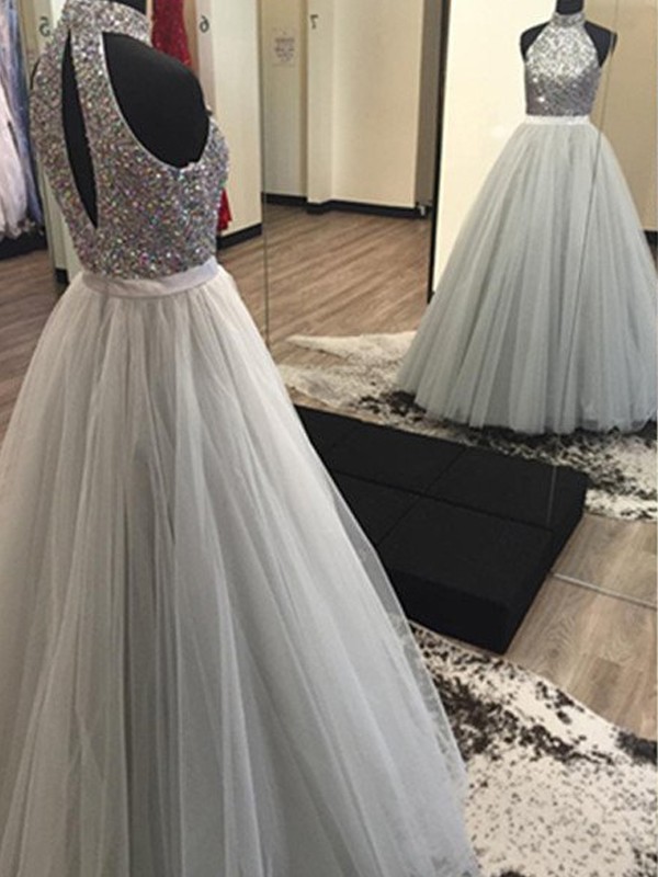 F360 Princess Halter Sleeveless Floor-length Beading Tulle Dresses