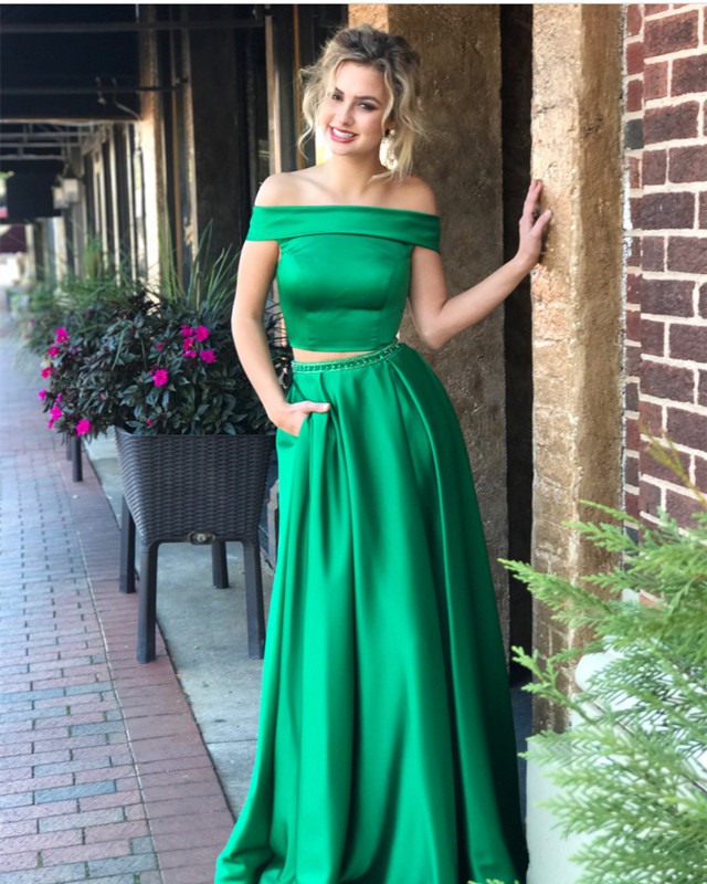 green satin evening dress