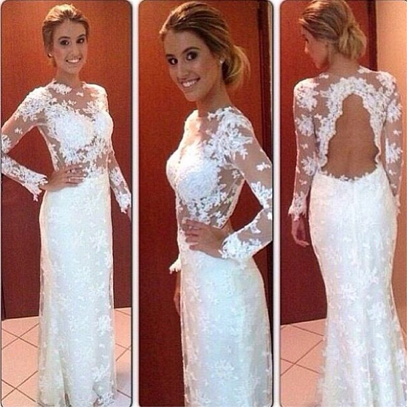 white long sleeve lace prom dress