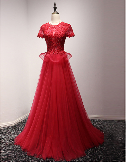 O Neck Red Tulle Long Prom Dress With Appliques, Short Sleeve Formal Evening Dress,high Neck Red Lace Short Sleeve Prom Dress,a Line Long Red