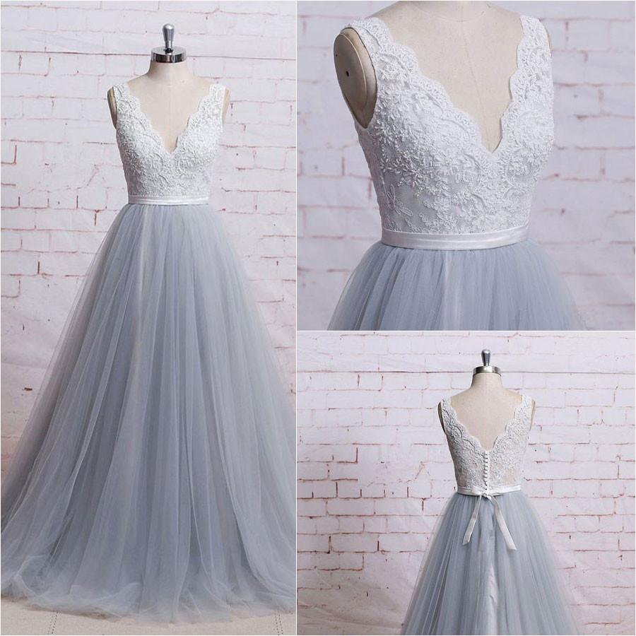 F395 Gorgeous A-line V-neck Ivory Lace Bodice Grey Tulle Skirt Chapel Train Wedding Dresses, Long Prom Gowns, Prom Dresses 2018
