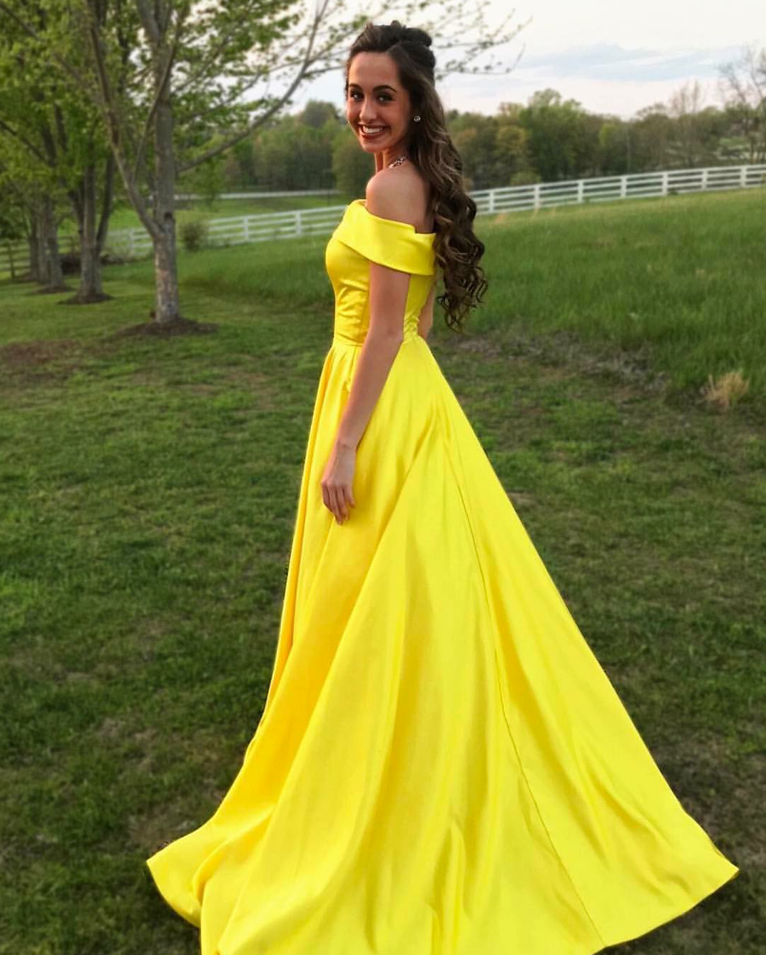 long yellow off the shoulder dress