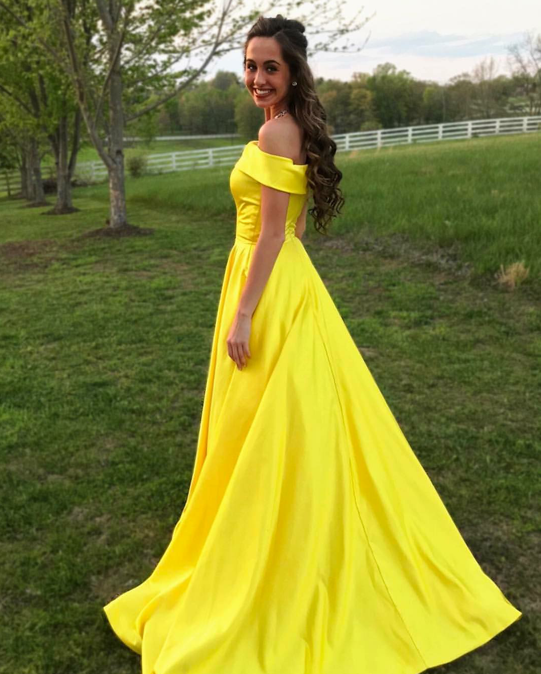 yellow off the shoulder long dress