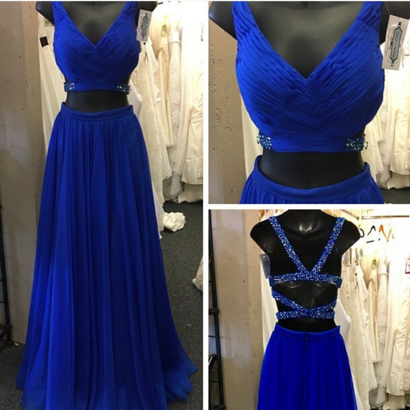 Blue V-neck Sleeveless Floor Length Crystal Beading A-line Chiffon Prom Dresses,two Piece A Line Long Chiffon Royal Blue Evening Dress