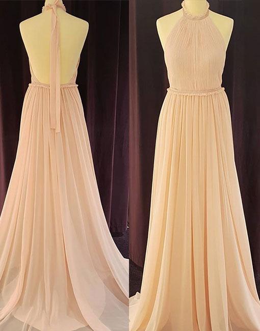 Chiffon High Halter Neck Floor Length Pleated A-line Formal Dress Featuring Open Back, Prom Dress