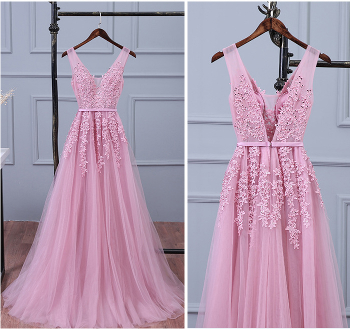 Floral Lace Appliqués Plunge V Sleeveless Floor Length Tulle Formal Dress, Prom Dress