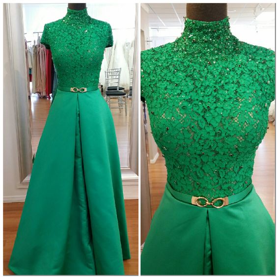 Green Lace Mock Neck Short Sleeves Floor Length Satin A-line Formal Dress, Prom Dress