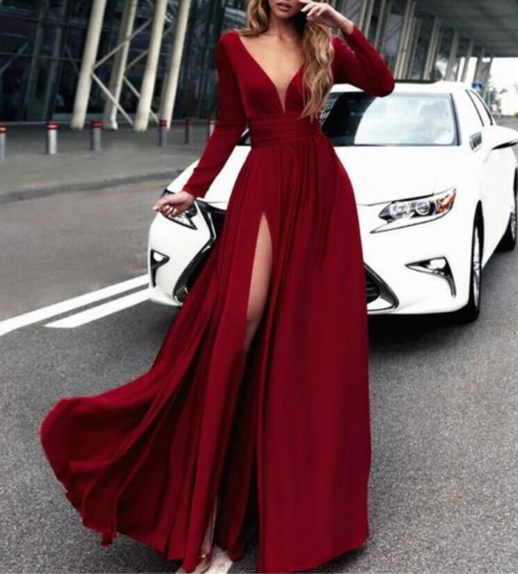 red v neck ball gown