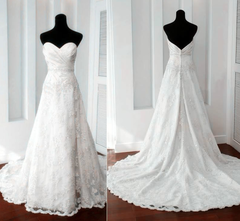 Strapless Sweetheart Ruched Lace A-line Wedding Dress With Long Train
