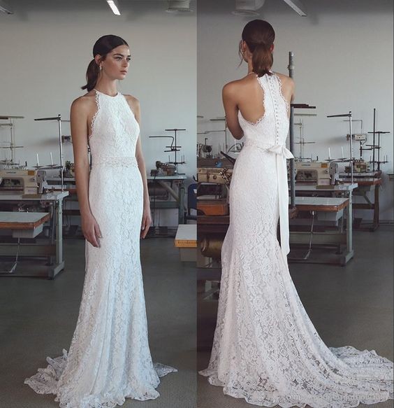 W1051 High Quality French Lace Wedding Dress Slim Halter Neckline