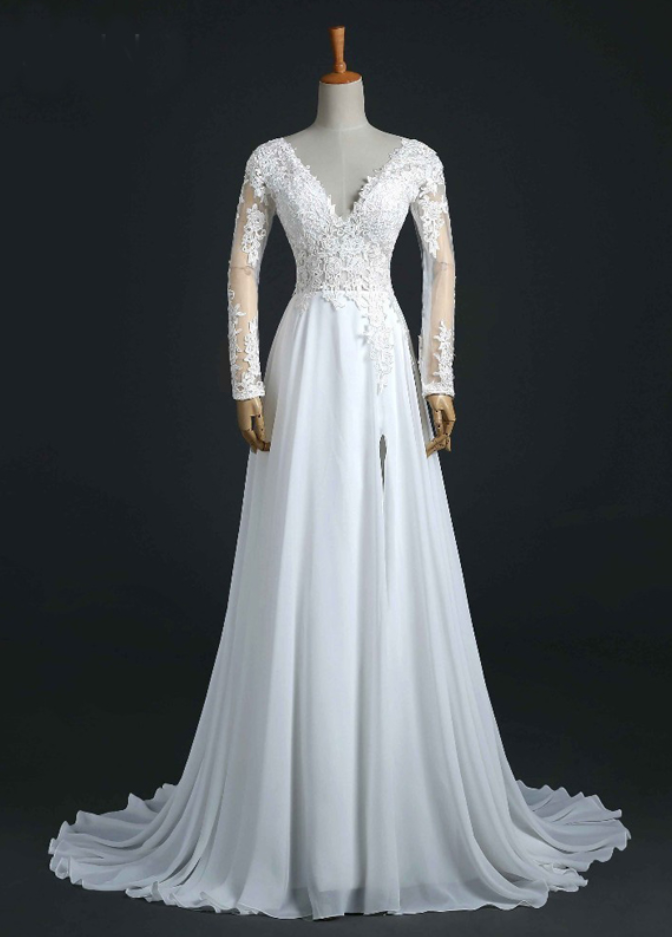 V-neck Long-sleeved Lace Appliqués Chiffon A-line Wedding Dress Featuring Open Back