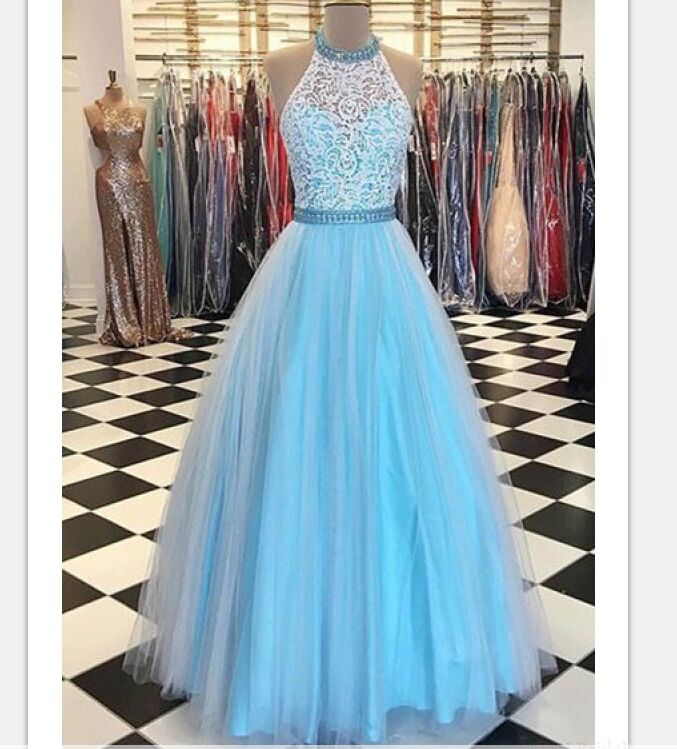 F614 Light Blue Prom Dresses,lace Prom Dress,halter Prom Dress,a-line Prom Gowns,long Prom Dresses,evening Dresses,simple Handmade Prom Gowns,