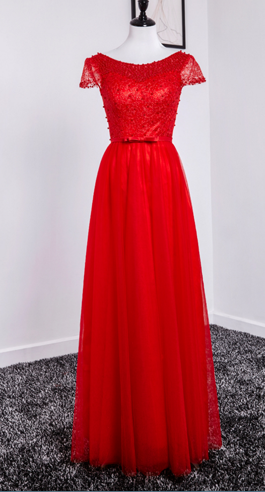 P1049 Cap Sleeve Red Prom Dress,long Elegant Tulle Beaded Bridesmaid Dresses, Sexy Scoop Tulle Women Evening Dresses ,long Elegant Prom Dresses