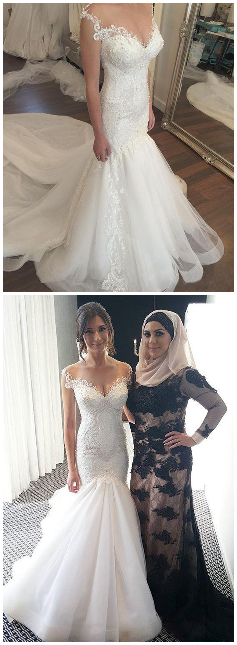 W1248 Vintage Lace Wedding Dresses Mermaid Beaded Bodice Illusion