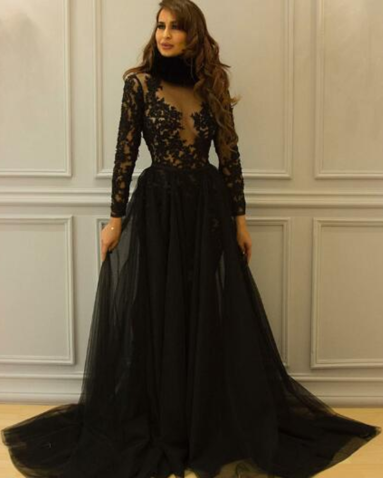 long sleeve black prom dress lace