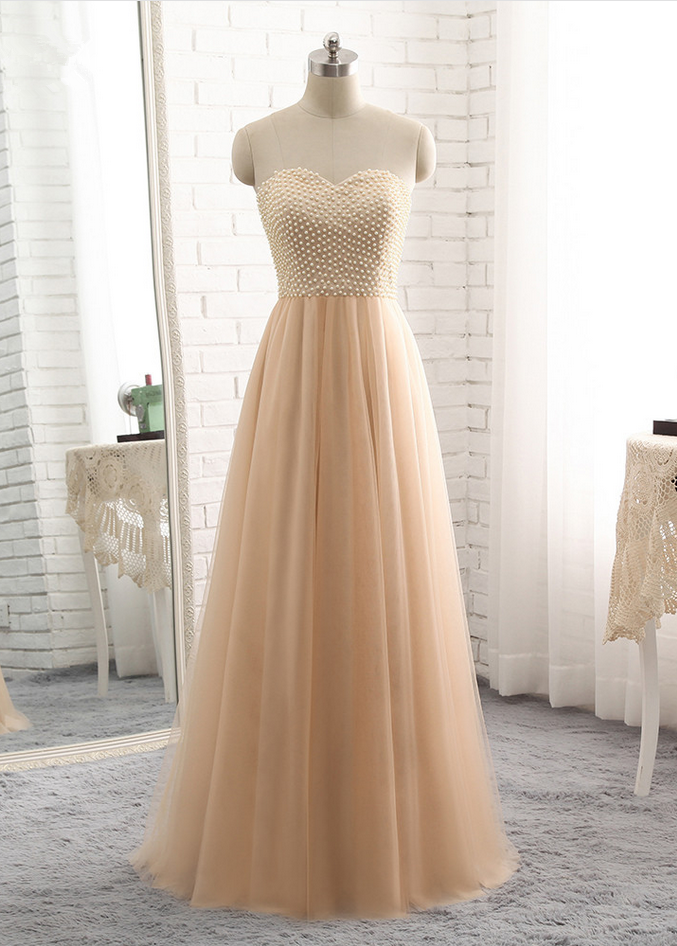 Champagne Strapless Sweetheart Pearl Beaded Tulle Floor-length Prom Dress, Evening Dress, Bridesmaid Dress