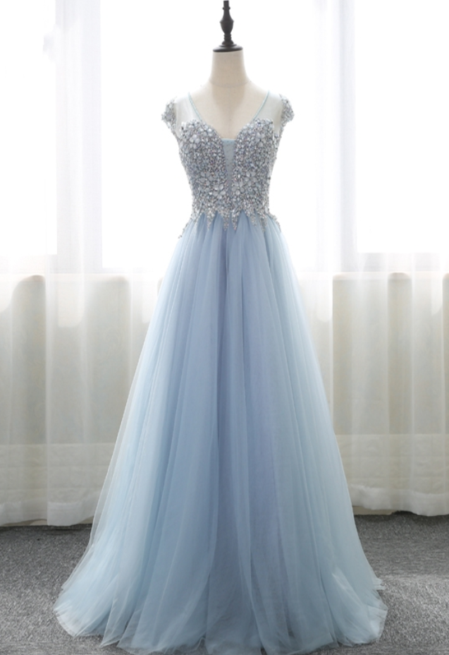Sheer Cap-sleeved Crystal Beaded Tulle A-line Floor-length Prom Dress, Evening Dress