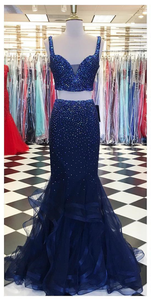 P1112 Navy Prom Dress,crystal Prom Dress,two Piece Prom Dresses,mermaid Evening Dresses,sexy Prom Gowns