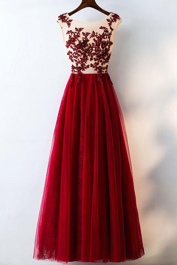 Burgundy Bateau Sheer Lace Appliqués A-line Floor-length Prom Dress, Evening Dress