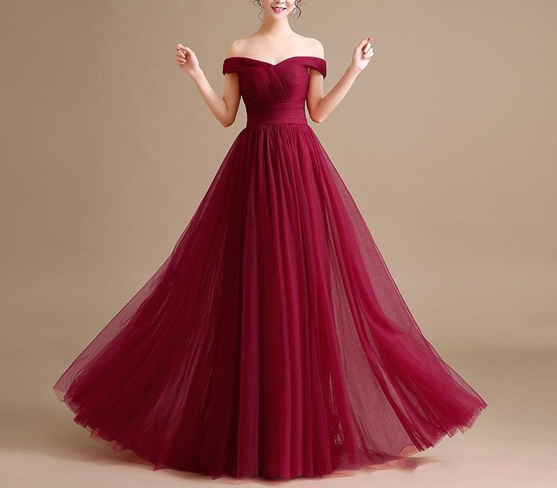 F679 Charming Burgundy Prom Dress, Tulle Prom Dresses, Off Shoulder Tulle A Line Evening Dress, Long Evening Gowns, Elegant Party Dress, Dress