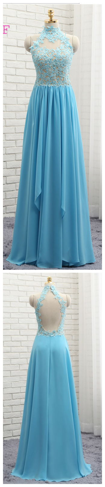 P1137 Prom Dresses, A-line High Collar Sky Blue Chiffon Lace Sexy Long Prom Gown ,evening Dresses, Evening Gown,high Neck Open Back Long Chiffon