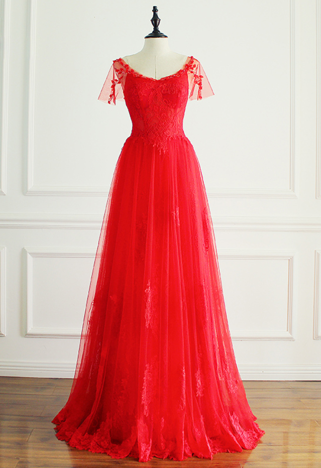 P1151 Sexy Backless Short Sleeve Long Lace Evening Dresses Beading Formal Dress For Party,cap Sleeves A Line Long Tulle Red Lace Prom Dress,a